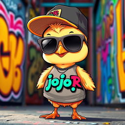 A cute chick wearing a gangster outfit, featuring a stylish cap turned sideways and oversized sunglasses