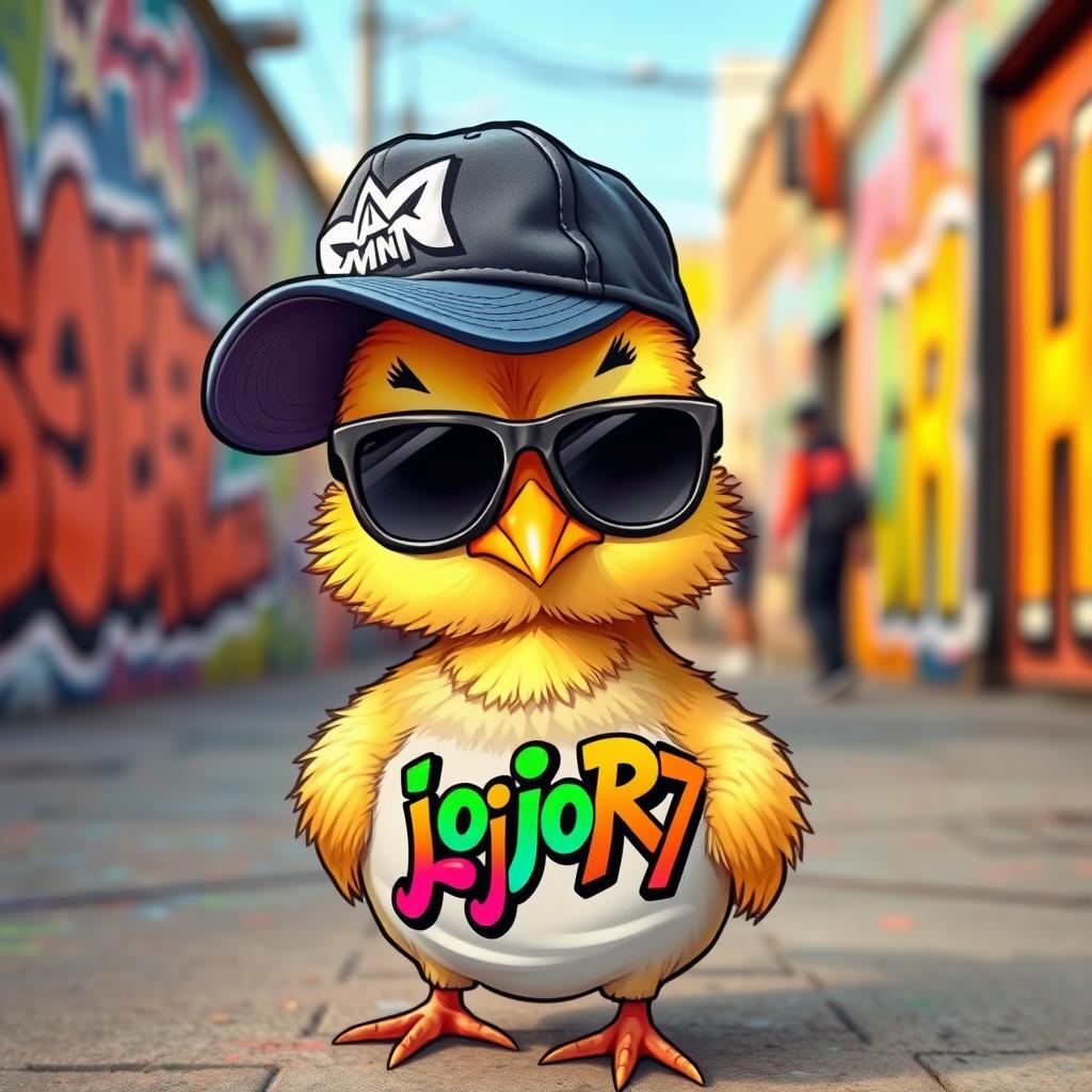 A cute chick wearing a gangster outfit, featuring a stylish cap turned sideways and oversized sunglasses