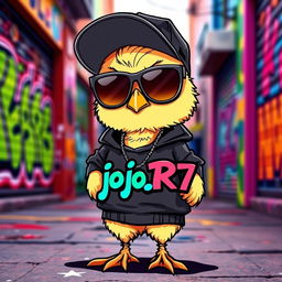 A cute chick wearing a gangster outfit, featuring a stylish cap turned sideways and oversized sunglasses
