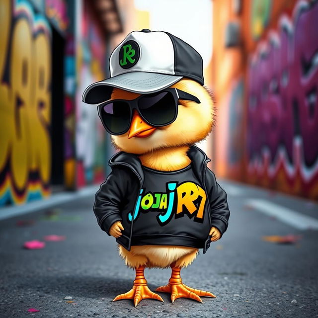 A cute chick wearing a gangster outfit, featuring a stylish cap turned sideways and oversized sunglasses