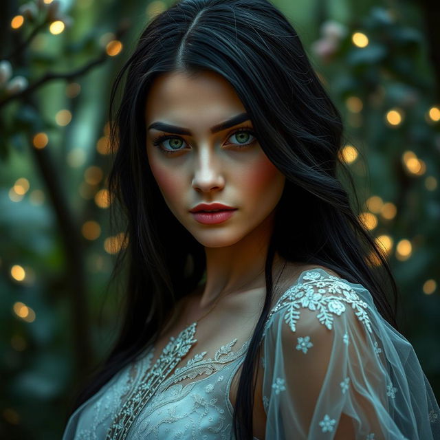 A stunning close-up portrait of a confident woman with striking green eyes and long, flowing black hair