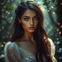A stunning close-up portrait of a confident woman with striking green eyes and long, flowing black hair