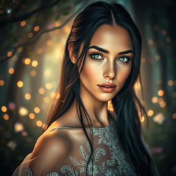 A stunning close-up portrait of a confident woman with striking green eyes and long, flowing black hair