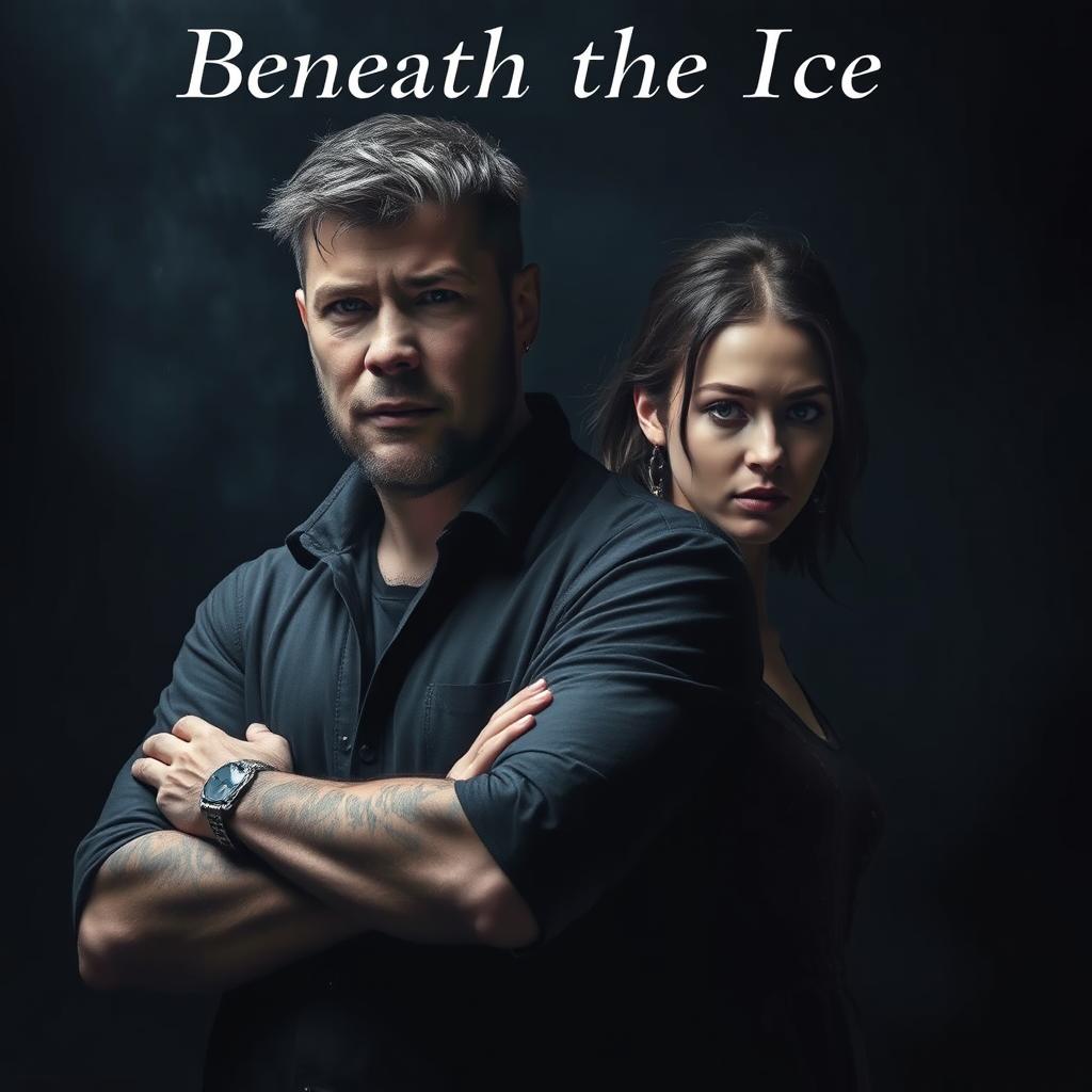 A dark, moody atmosphere with a brooding, tall man in his mid-20s standing in the foreground