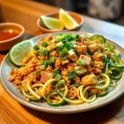 A delicious plate of mi goreng featuring perfectly cooked chicken minced and accompanied by colorful zoodles (zucchini noodles)