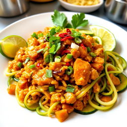 A delicious plate of mi goreng featuring perfectly cooked chicken minced and accompanied by colorful zoodles (zucchini noodles)