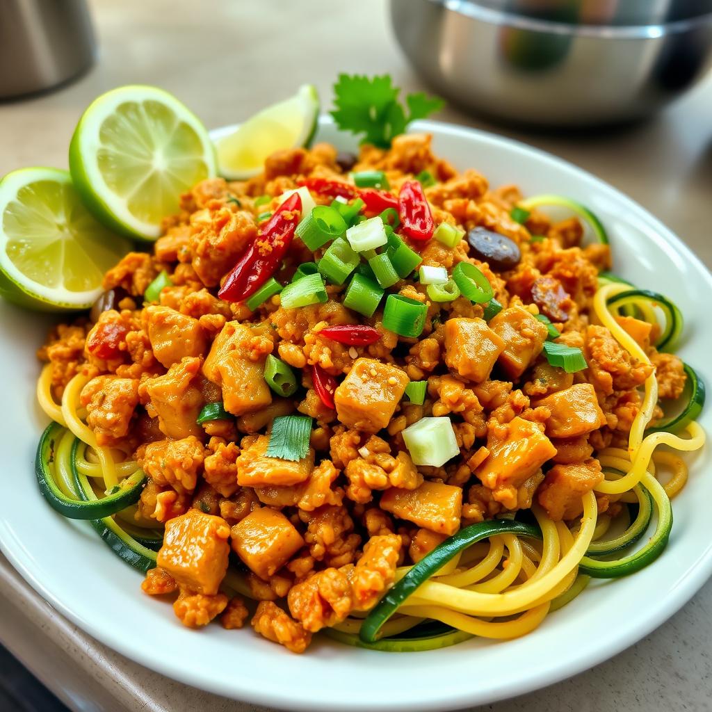 A delicious plate of mi goreng featuring perfectly cooked chicken minced and accompanied by colorful zoodles (zucchini noodles)