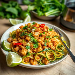 A delicious plate of mi goreng featuring perfectly cooked chicken minced and accompanied by colorful zoodles (zucchini noodles)