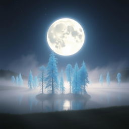 A surreal landscape featuring a giant, luminous moon rising over a shimmering lake reflecting its silver glow