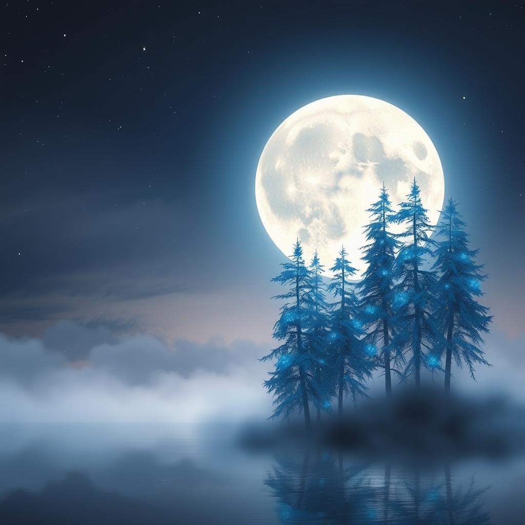 A surreal landscape featuring a giant, luminous moon rising over a shimmering lake reflecting its silver glow