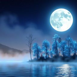 A surreal landscape featuring a giant, luminous moon rising over a shimmering lake reflecting its silver glow