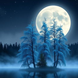 A surreal landscape featuring a giant, luminous moon rising over a shimmering lake reflecting its silver glow