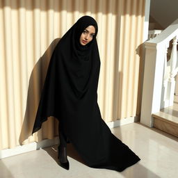 A woman wearing a traditional black chadori that elegantly covers her head and body