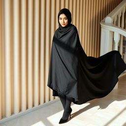A woman wearing a traditional black chadori that elegantly covers her head and body
