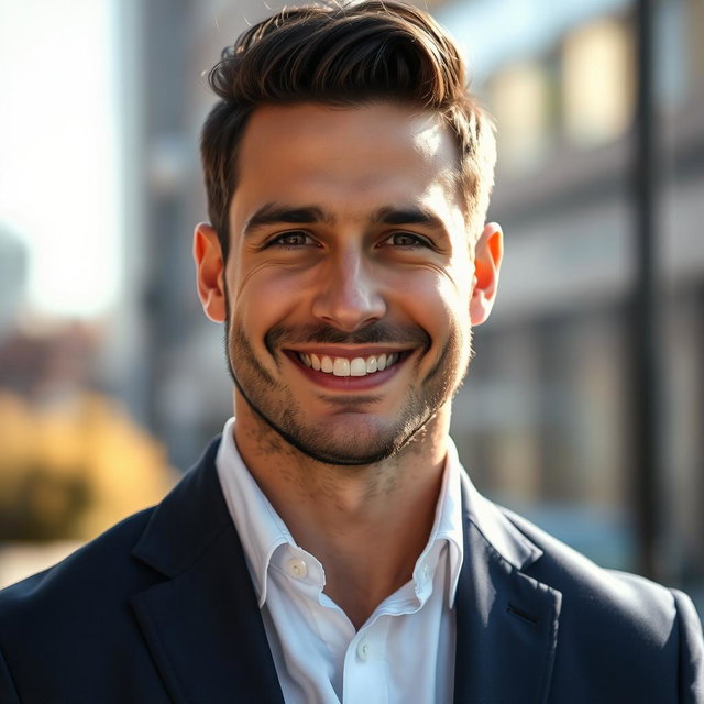 A striking portrait of a handsome man in his 30s with an athletic build