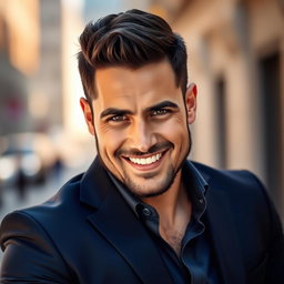 A striking portrait of a handsome man in his 30s with an athletic build