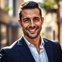 A striking portrait of a handsome man in his 30s with an athletic build