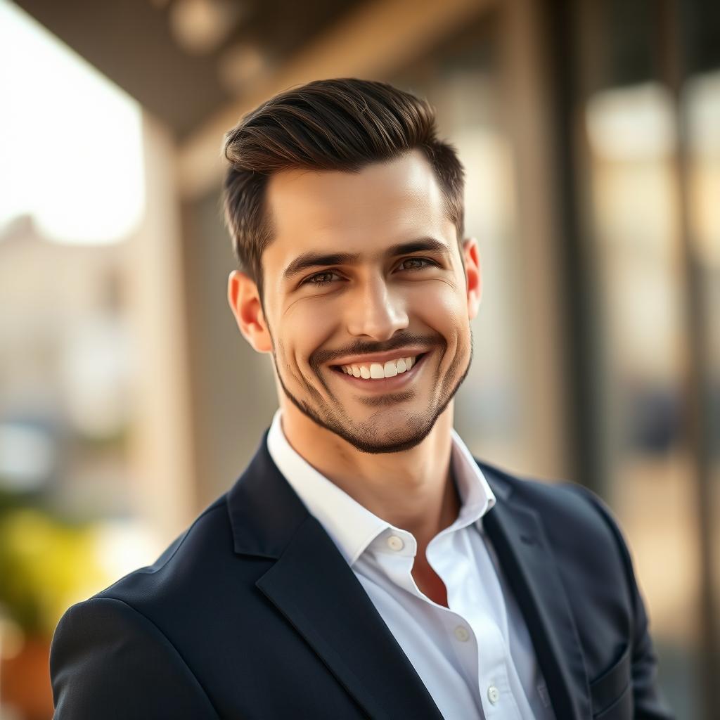 A striking portrait of a handsome man in his 30s with an athletic build