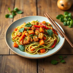 A beautifully arranged plate of spicy minced chicken stir-fry with zoodles (zucchini noodles), garnished with fresh herbs like cilantro and basil