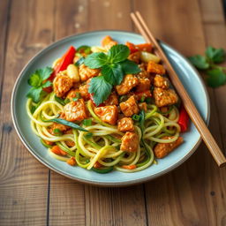 A beautifully arranged plate of spicy minced chicken stir-fry with zoodles (zucchini noodles), garnished with fresh herbs like cilantro and basil