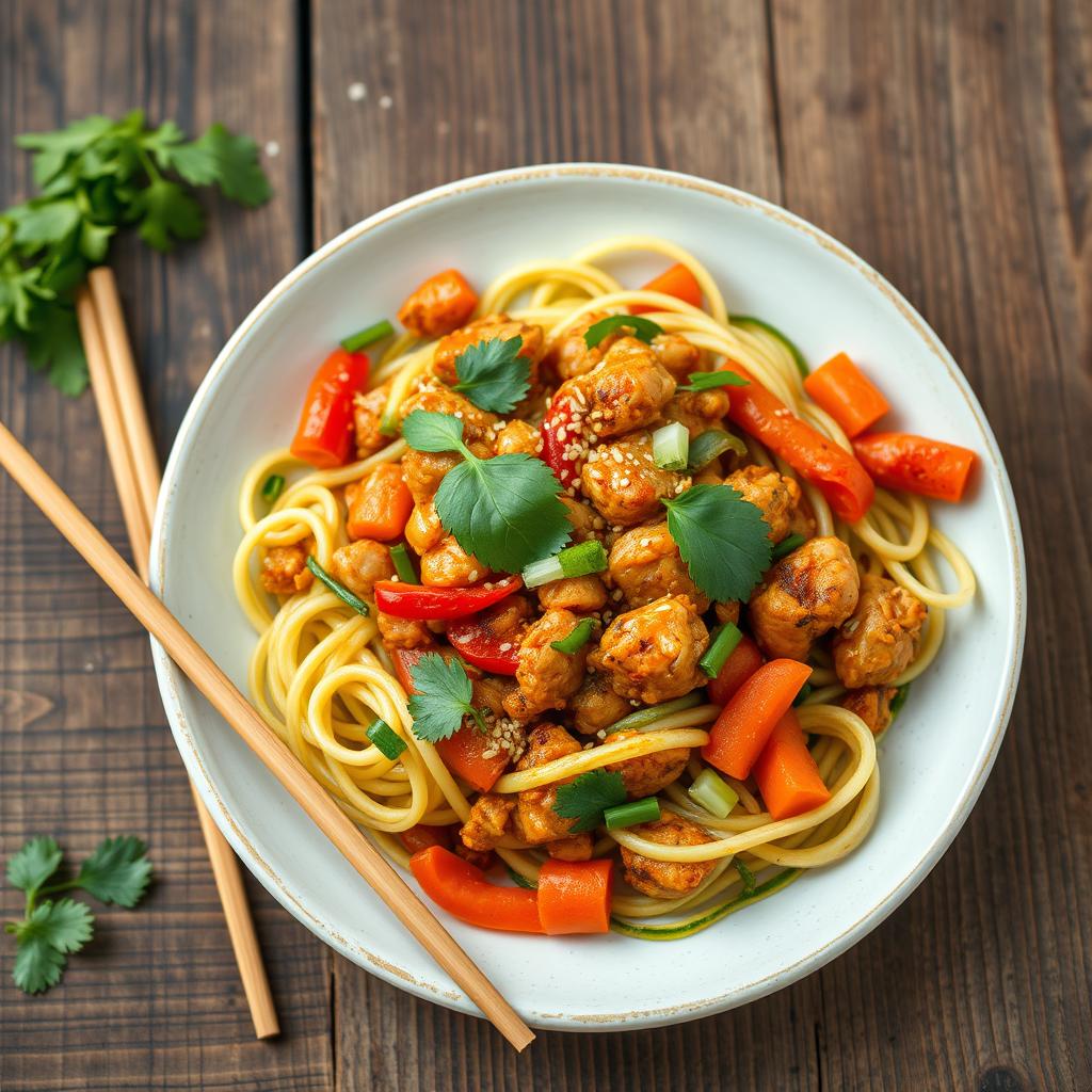 A beautifully arranged plate of spicy minced chicken stir-fry with zoodles (zucchini noodles), garnished with fresh herbs like cilantro and basil