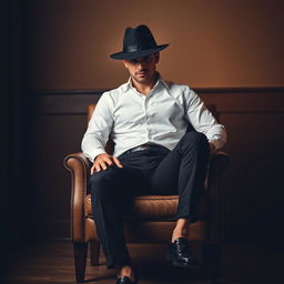 A man sitting on a brown chair, wearing a crisp white shirt paired with sleek black trousers