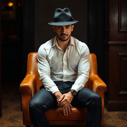 A man sitting on a brown chair, wearing a crisp white shirt paired with sleek black trousers