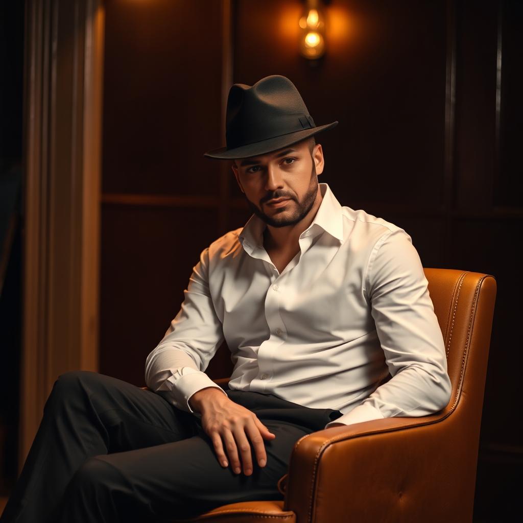 A man sitting on a brown chair, wearing a crisp white shirt paired with sleek black trousers
