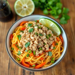 A vibrant and appetizing bowl of mi goreng topped with a generous portion of finely chopped ground chicken