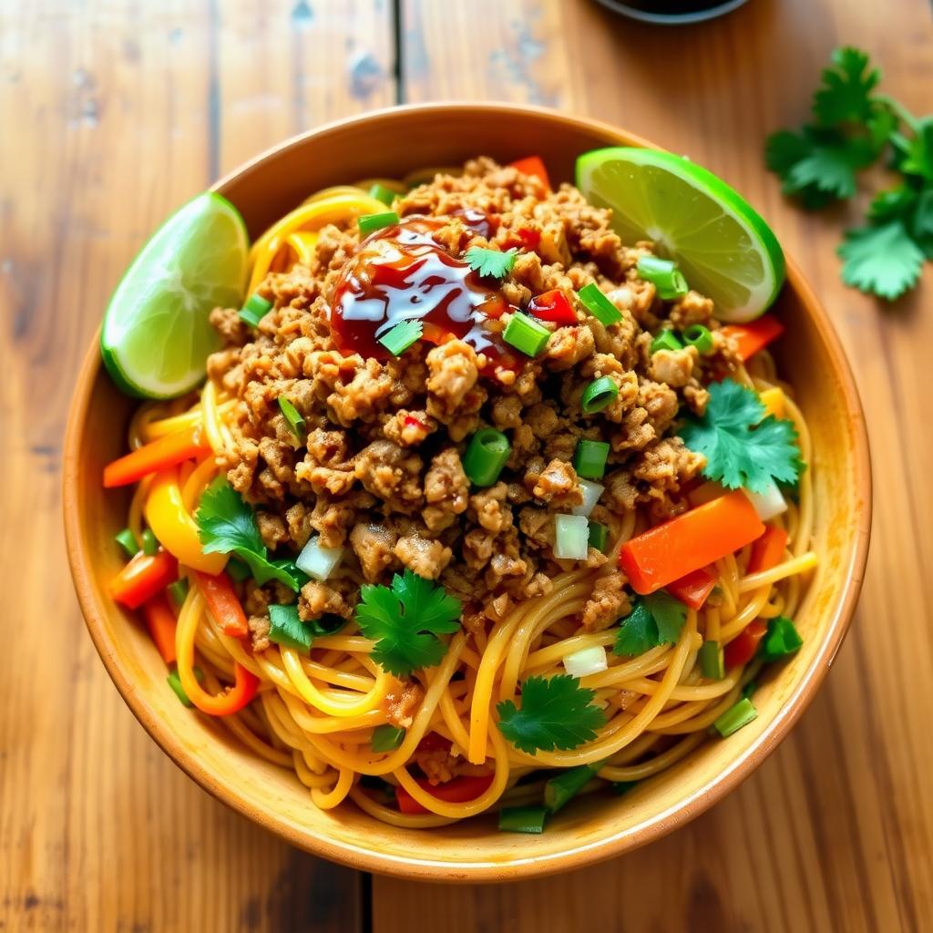 A vibrant and appetizing bowl of mi goreng topped with a generous portion of finely chopped ground chicken