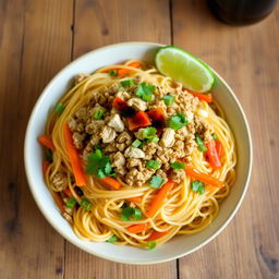 A vibrant and appetizing bowl of mi goreng topped with a generous portion of finely chopped ground chicken