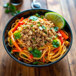 A vibrant and appetizing bowl of mi goreng topped with a generous portion of finely chopped ground chicken