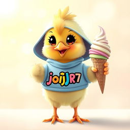 A cute chick holding an ice cream cone, wearing a playful outfit that has the text 'jojo_R7' printed on it in colorful, fun letters