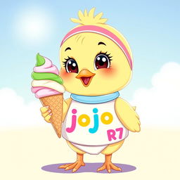 A cute chick holding an ice cream cone, wearing a playful outfit that has the text 'jojo_R7' printed on it in colorful, fun letters