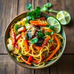 A colorful bowl of mei goreng zoodles, featuring spiralized zucchini noodles stir-fried to perfection