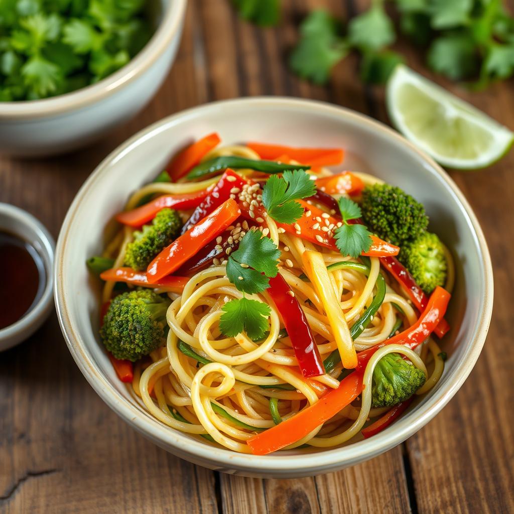 A colorful bowl of mei goreng zoodles, featuring spiralized zucchini noodles stir-fried to perfection
