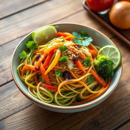 A colorful bowl of mei goreng zoodles, featuring spiralized zucchini noodles stir-fried to perfection