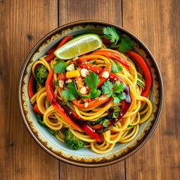 A colorful bowl of mei goreng zoodles, featuring spiralized zucchini noodles stir-fried to perfection