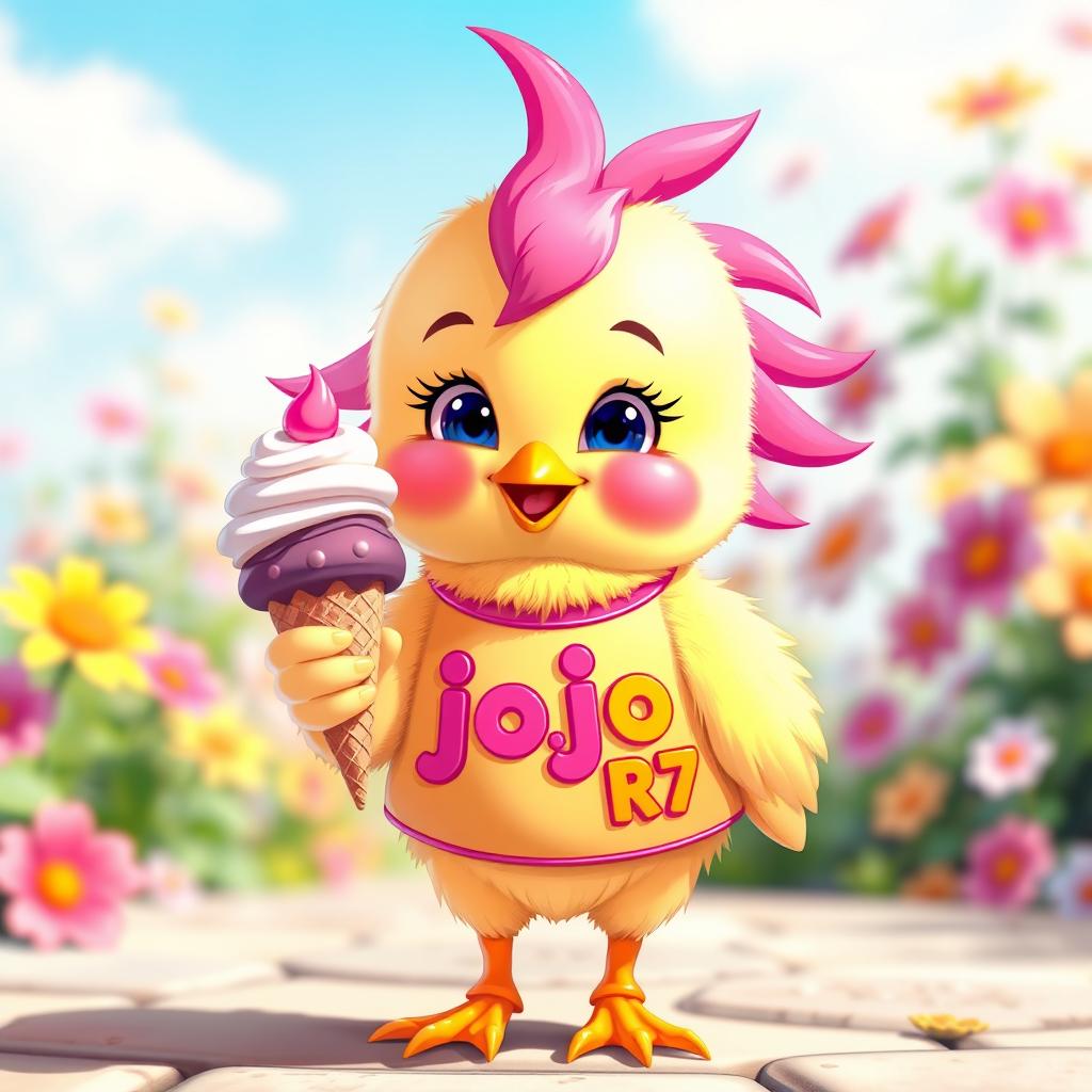 A playful chick holding an ice cream cone, wearing a cute outfit that features the text 'jojo_R7' in bright and cheerful colors