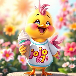 A playful chick holding an ice cream cone, wearing a cute outfit that features the text 'jojo_R7' in bright and cheerful colors