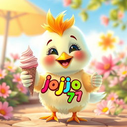 A playful chick holding an ice cream cone, wearing a cute outfit that features the text 'jojo_R7' in bright and cheerful colors