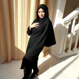 A woman wearing a traditional black chadori that completely covers her head and body, paired with black tights and stylish black high heels