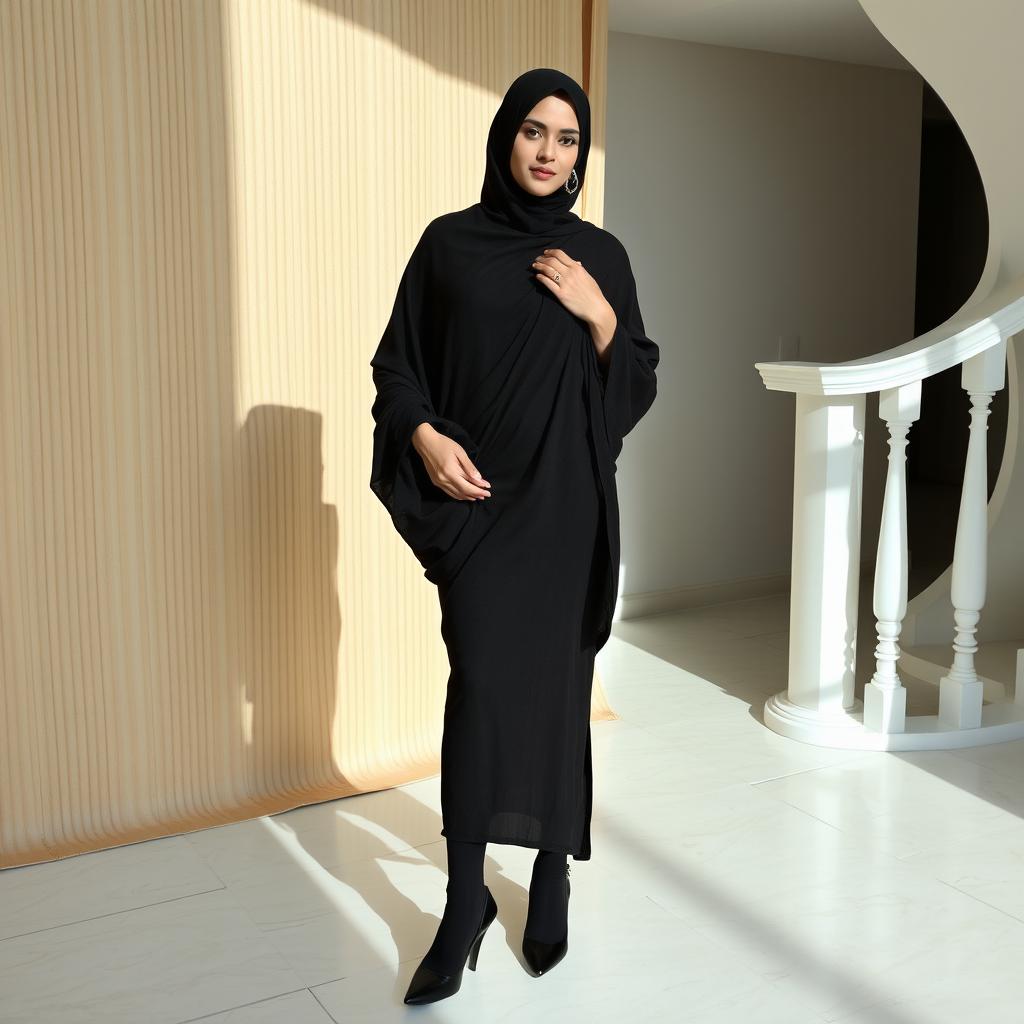 A woman wearing a traditional black chadori that completely covers her head and body, paired with black tights and stylish black high heels