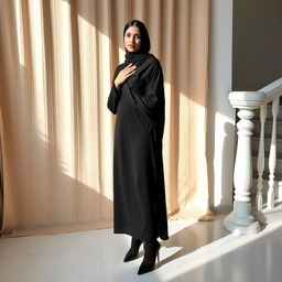 A woman wearing a traditional black chadori that completely covers her head and body, paired with black tights and stylish black high heels