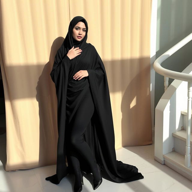 A woman dressed in a traditional black chadori that elegantly covers her head and body, accompanied by black tights and sleek black high heels