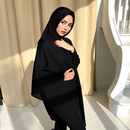 A woman dressed in a traditional black chadori that elegantly covers her head and body, accompanied by black tights and sleek black high heels