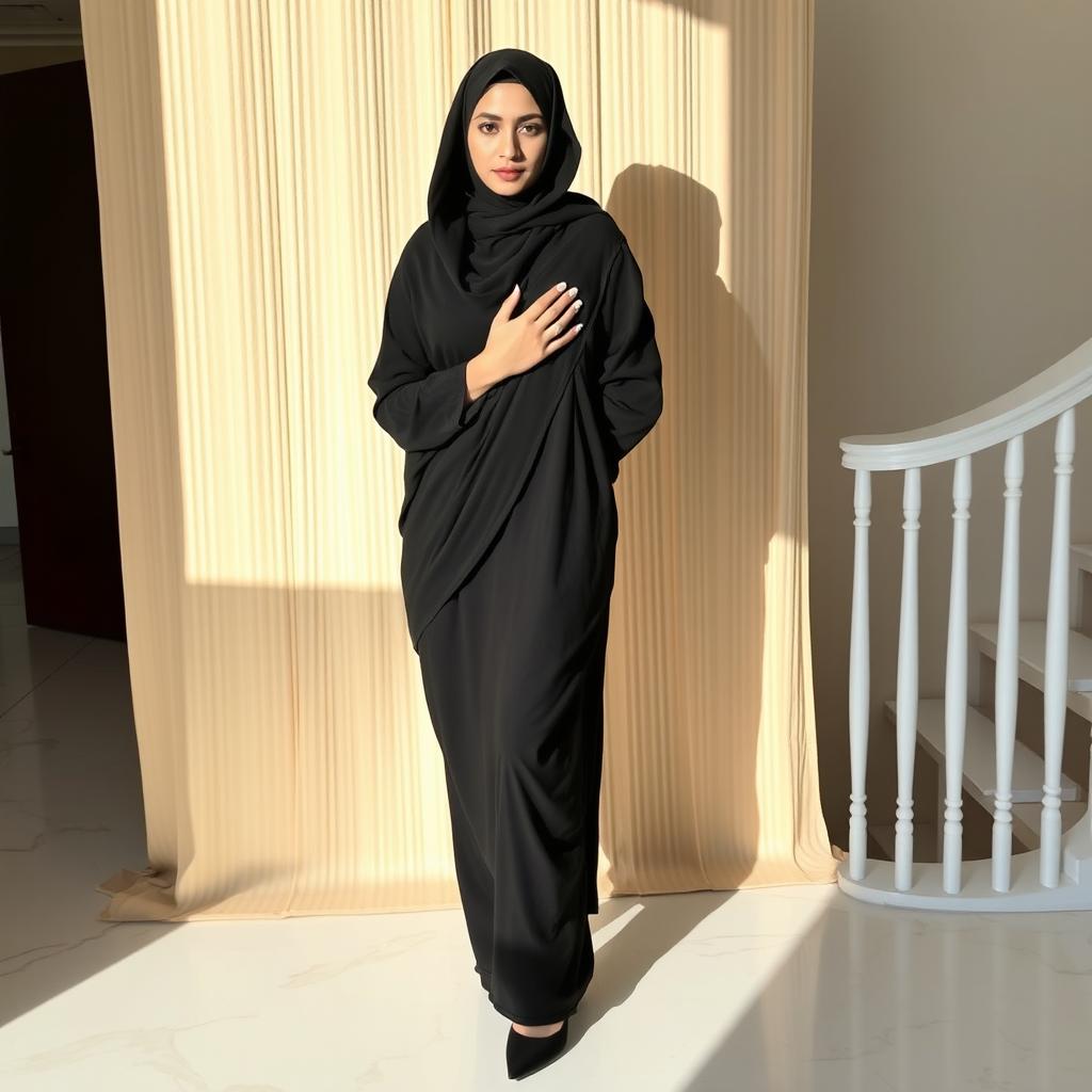 A woman dressed in a traditional black chadori that elegantly covers her head and body, accompanied by black tights and sleek black high heels