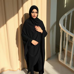 A woman dressed in a traditional black chadori that elegantly covers her head and body, accompanied by black tights and sleek black high heels