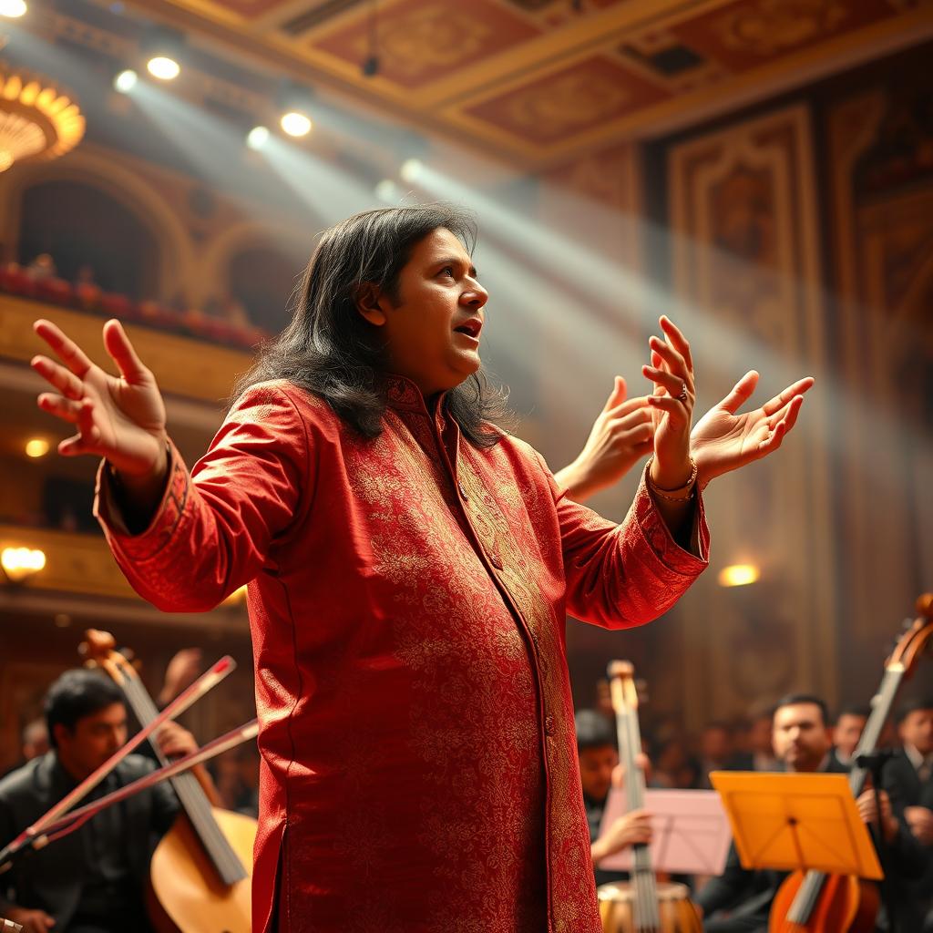 An Indian maestro, dressed in traditional attire, passionately conducting an orchestra