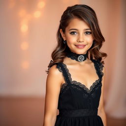 A beautiful girl wearing a stylish black babydoll dress accented with delicate lace details